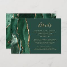 the green marble wedding reception card is shown with gold foil lettering on it and an elegant black