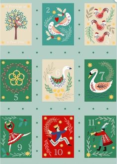 four different greeting cards with birds, flowers and trees in the middle one has numbers on it