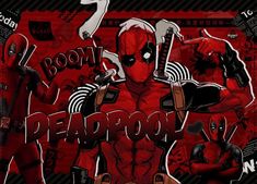 the deadpool movie poster is shown in red and black