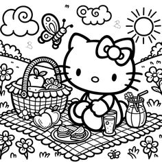 hello kitty picnic coloring page with an image of the hello kitty sitting in front of her basket