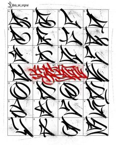 some type of graffiti written in red and black ink on white paper with the words