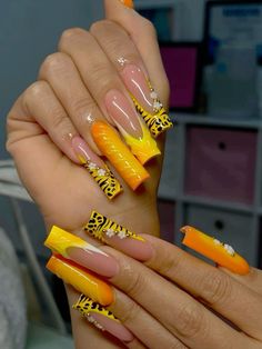 Square Baddie Acrylic Nails, Orange Green And White Nails, Yellow Inspo Nails, Yellow Green Nails Design, Orange And Yellow Acrylic Nails, Yellow And Orange Nails Design, Mustard Nails Design, Yellow Long Nails, Orange And Yellow Nail Designs