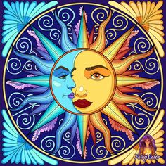 the sun and moon are depicted in this colorful art work, which is done by an artist