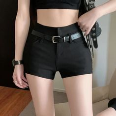 Aimays-Women Vintage Black Shorts with Belt Sexy Slim Summer Korean Fa Korean Pleated Skirt, Punk Street Style, Summer Korean Fashion, Shorts With Belt, Harajuku Street, Street Punk, Korean Streetwear, Casual Party Dresses, Y2k Clothes