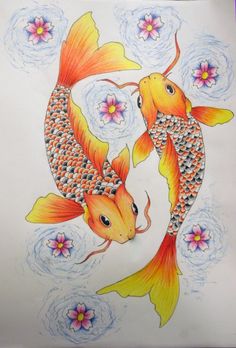 a drawing of two goldfish with flowers in the background