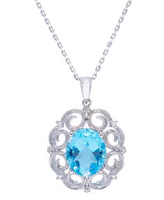 Make a bright statement when you wear this large oval blue topaz 18" pendant necklace with diamond accent and milgrain detail. Necklace With Diamond, Diamond Rings Design, Diamond Flower, Medium Blue, Blue Topaz, Diamond Rings, Ring Designs, Topaz, Diamond Necklace