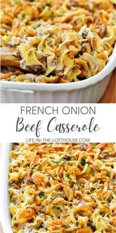 french onion beef casserole in a white dish