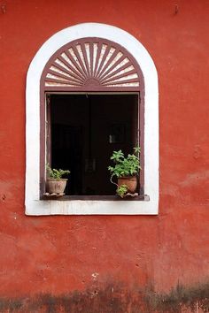 two potted plants sit in the window sill on an old red stucco building