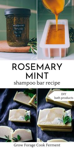 making homemade shampoo bars with rosemary infused oil and mint Solid Shampoo Bar Recipe, Diy Shampoo Bars, Conditioner Bar Recipe, Homemade Shampoo Bar