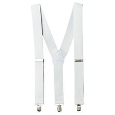 Keep up your old-school style in our White Suspenders! These Y-back suspenders have white straps and metal clips to attach to your pants. They're adjustable too making them the right fit for both kids and adults alike. White Suspenders product details:  100% polyester Y-back design Adjustable fit Attached clips One size fits most White Fitted Suspender Dress With Tie Straps, Adjustable Belts And Suspenders For Summer, White V-neck Suspender Dress For Party, Black And White Suspenders Outfit Men, Summer Belts And Suspenders With Adjustable Straps, White Shirt With Suspenders Men, Girls In Suspenders, White Suspenders, Tv Head