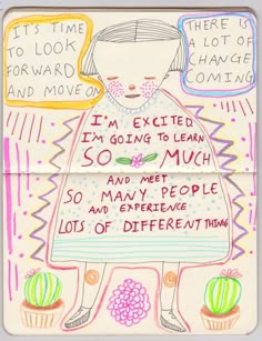 a drawing with words written on it and an image of a woman holding a cupcake