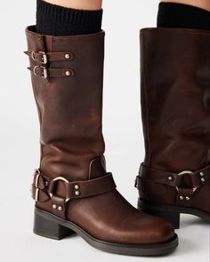 Aesthetic Boots, Blanket Aesthetic, Brown Leather Knee High Boots, Biker Look, Engineer Boots, Steve Madden Store, Steve Madden Boots, Leather Socks, Design Square