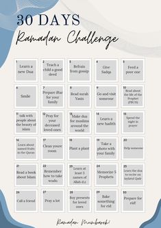 In this Pin you can see a 30 Days Ramadan Challange, to improve your Iman and get more focused in Islam. Barakallahu feek / barakallahu feeki and Ramadan Mubarek ! 30 Good Deeds For Ramadan, Good Deeds To Do In Ramadan, Ramzan 30 Days Challenge, 30 Day Islamic Challenge, Tips For Ramadan, To Do List For Ramadan, Ramadan Bucket List, Islamic Goals For New Year, Ramadan 30 Days Challenge