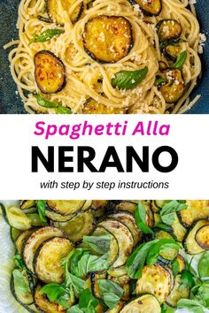 spaghetti alla with zucchini and spinach in a bowl on top of a table