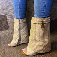 Shoes | Koi Koi Betterworld Open Toe Raffia Shark Locket Booties Nude | Poshmark Cute Boots For Women Fashion, Sock Ankle Boots Outfit, Open Toe Boots, Cute Shoes Heels, Lock Design, Elevated Style, Classy Casual Outfits, Wedge Boots, Womens Boots Ankle