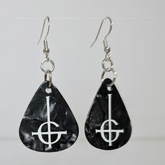 1 Pair of Upcycled Guitar Pick Earrings  Black Guitar Picks with White Vinyl Ghost Design Sterling Silver 925 Hooks Edgy Pierced Earrings For Concerts, Black Music-themed Jewelry For Gift, Music-themed Black Jewelry Gift, Nickel-free Music-themed Jewelry For Concerts, Guitar Pick Earrings, Black Guitar, Ghost Band, Ghost Design, Guitar Picks