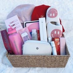 a basket filled with personal care items in the snow