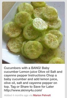 a white plate topped with sliced cucumbers on top of a wooden table next to an instagram post