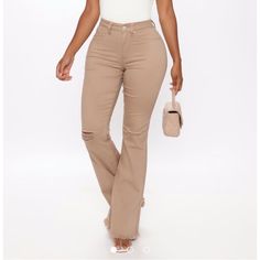 Fashion Nova Taupe Flare Pants With Distressing & Fringe At The Bottom Size 13 New With Tags! 34” Inseam ,11” High Rise ,52% Tencel, 36% Cotton, 10% Elasterell, 2% Spandex Beige Stretch High Rise Jeans, High Rise Beige Pants For Fall, Fitted Beige Jeans, Trendy Stretch Beige Jeans, Trendy Beige Stretch Jeans, Fitted Beige Full Length Jeans, Mid-rise Stretch Beige Jeans, Beige Stretch Mid-rise Jeans, High Waist Stretch Beige Jeans