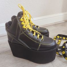 Yru Black /Yellow Platform Sneakers - Size 7 Nwot Never Used Comes With One Happy Face Bandage (Just One) No Box Yellow High-top Platform Sneakers, Yellow Platform Sneakers For Streetwear With Rubber Sole, Yellow Platform Sneakers For Streetwear With Round Toe, Yellow High-top Platform Sneakers For Streetwear, Yellow Platform Sneakers For Streetwear, Trendy Yellow Platform Sneakers, Black Platform Sneakers For Summer Streetwear, Yellow Lace-up Platform Sneakers For Streetwear, Yru Shoes