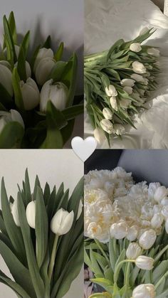 four different pictures of white flowers in vases and on the bed, with heart shaped pillows