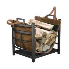 a firewood rack with logs in it and a leather bag hanging from the back