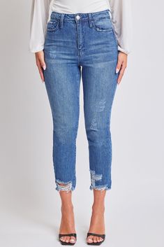 Everything you love about authentic vintage jeans—just comfier! Our Women's Dream 1-Button High-Rise Slim Straight Hem Ankle Jean is sure to be your new favorite in your denim rotation. Our Hybrid Dream Denim features a front panel made of cotton, giving you that perfect rigid denim look, while the back features a butt-hugging and high-stretch denim to give you ultimate comfort! This slim straight leg is in between a skinny jean and true straight leg for a modern and flattering fit. Detailed with light distressing, knee blowout, and frayed hems to give you the worn-in look that you’ve been looking for. Dress these up or down, wear day or night—the options are endless! Product Details - High-Rise - 1-Button Closure with Zipper - 5 Pocket Construction - Slim-Straight Leg - Ankle Length Size Ymi Jeans, L And Light, Slim Straight Jeans, Ankle Jeans, Vintage Jeans, Medium Blue, Straight Jeans, Ankle Length, Stretch Denim