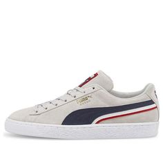 Layer up your style with the PUMA Suede Triplex. This fresh take on a sneaker icon features a triple-stacked leather Formstrip in navy, white and red. Metallic gold accents add a touch of luxury, while a white rubber cupsole keeps things grounded. Whether you're lacing up for a workout or hitting the streets, the PUMA Suede Triplex has you covered. (SNKR/Retro/Skate/Casual/Unisex/Low Top) Casual High-top Puma Sneakers, Puma Low-top Suede Sneakers, Puma Suede Low-top Sneakers, Puma Logo Low-top Suede Sneakers, Classic Puma Sneakers With Round Toe, Classic Low-top Puma Sneakers, Low-top Suede Puma Sneakers, Low-top Suede Sneakers With Puma Logo, Classic Puma Sneakers For Streetwear