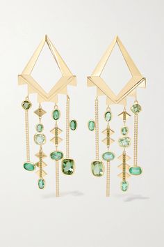 Lito's geometric 'Mia' earrings are so unique they are sure to become an heirloom. They're handmade from 18-karat gold and set with green tourmalines and emeralds, which graduate in size and shape. The delicate drops are encrusted with glittering brilliant-cut diamonds, adding just the right amount of sparkle. Luxury Multi-stone 14k Gold Earrings, Luxury Multi-stone Gold Earrings, Gold-plated Multi-stone Earrings, Luxury Green Multi-stone Earrings, Modern Multi-stone Yellow Gold Earrings, Modern Gold Multi-stone Jewelry, Modern Yellow Gold Multi-stone Earrings, Elegant Multi-stone 14k Gold Earrings, Fusion Style Multi-stone Yellow Gold Earrings