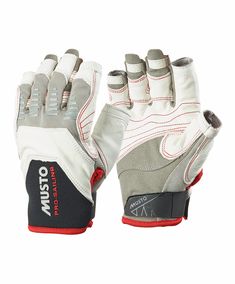 a pair of white and grey gloves with red trims on the palm, one hand is