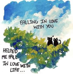 two cats are sitting in the grass and one is saying falling in love with you