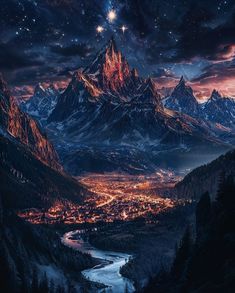 a night scene with mountains and a river in the foreground is lit up by stars