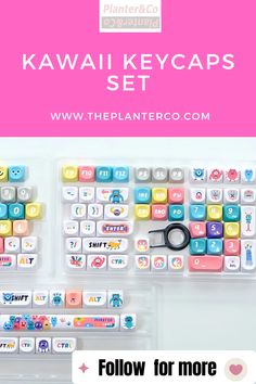 some type of keyboard with the words kawaii keycaps set below it