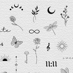 various tattoo designs on white paper with the word love written in black and white ink