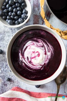 blueberry soup in a bowl with text overlay that reads swedish blueberry soup