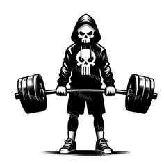 a skull wearing a hoodie and holding a barbell