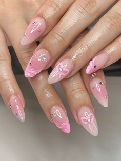 pink almond aura nails with pearls and 3d art sparkle design bow design with gems Light Pink Nail Designs, Cute Almond Nails, Almond Nails Pink, 3d Nail Designs, Cute Pink Nails, Cute Gel Nails, Soft Nails, Gem Nails, Glam Nails