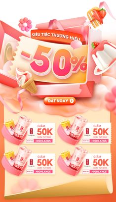 an advertisement for the sale of 50 % off on different items in pink and yellow colors