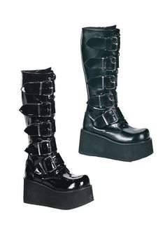 #ad Find ideas and inspiration for Pleaser Demonia TRASHVILLE-518 Men's 3 1/4 Inch Platform 5 Buckle Knee Boot, Fashion women's Shoes Shoe References, Goth Platform Boots, Black Patent Boots, Clothing Png, Demonia Boots, Black Patent Leather Boots, Club Attire, Goth Boots, Gothic Boots