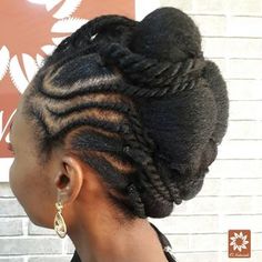 A combination of twists, rolls and tucks and cornrows. Visit O'Naturals this weekend and let's be creative with your natural hair … Braids Updo For Black Women, Updo For Black Women, New Braids, Braids Updo, Natural Hair Salons, Braided Prom Hair, Short Hair Tutorial