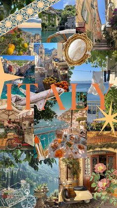 a collage of photos with the word italy written in orange and blue on it