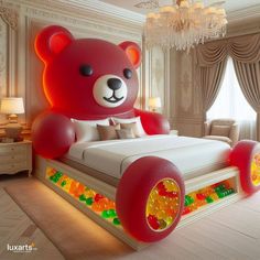 a large teddy bear sitting on top of a bed in the middle of a room