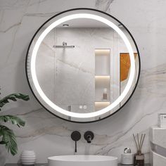 a bathroom with a round mirror on the wall next to a white sink and counter