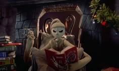 a creepy doll sitting in a chair reading a book