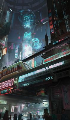 a futuristic city at night with neon lights