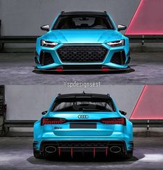 the front and back view of an audi car in three different views, one is blue