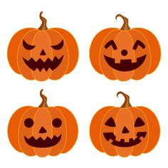 four pumpkins with faces carved into them, all in different shapes and sizes on a white background