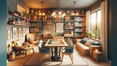 a living room filled with lots of furniture and bookshelves next to a window