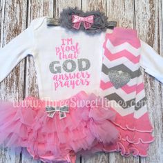 Baby Shower Gift Girl Outfit  I'm proof that God answers Prayers by ThreeSweetLimes Answered Prayer Pink and Grey Pink Cotton Sets For Birthday, Pink Long Sleeve Sets For Birthday, Pink Long Sleeve Birthday Set, Fitted Pink Sets For First Birthday, Adoption Day Outfit, Christian Outfits, Cross Leggings, God Answers Prayers, Its A Girl Announcement