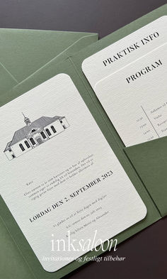 an open green and white wedding card with a church in the background on top of it